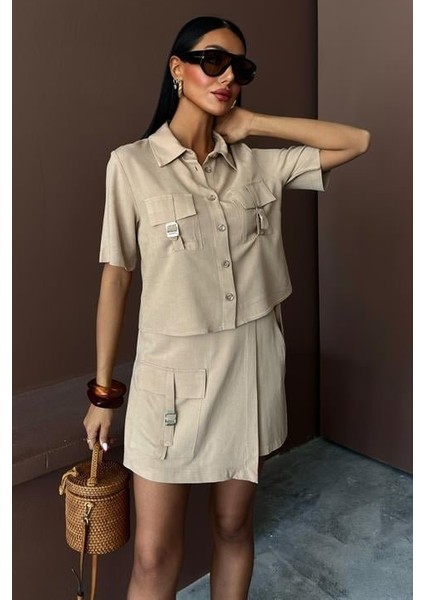 Fh Fashionhere Gömlek Şort Etek Viscon Keten Takım 10162