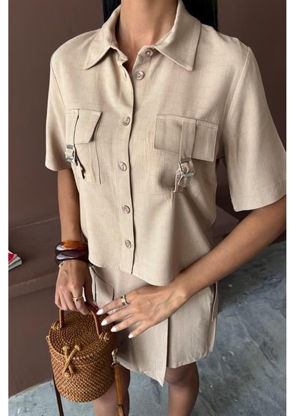 Fh Fashionhere Gömlek Şort Etek Viscon Keten Takım 10162