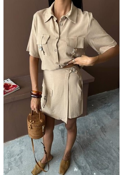 Fh Fashionhere Gömlek Şort Etek Viscon Keten Takım 10162