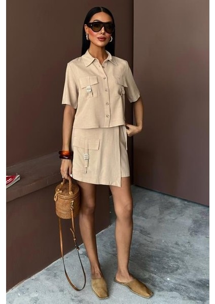 Fh Fashionhere Gömlek Şort Etek Viscon Keten Takım 10162