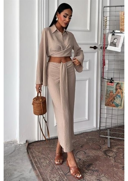 Fh Fashionhere Crop Gömlekli ve Eteği Büzgülü Tasarım Takım 10195