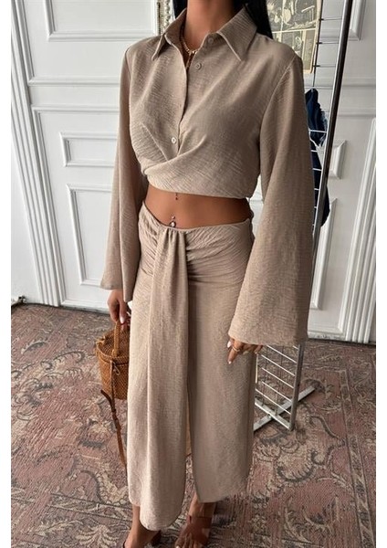 Fh Fashionhere Crop Gömlekli ve Eteği Büzgülü Tasarım Takım 10195 modelleri