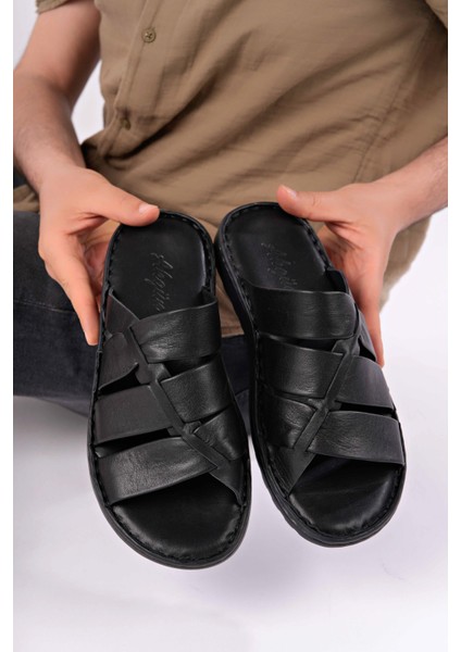 Erkek Hakiki Deri Siyah Comfort Taban Rahat Terlik