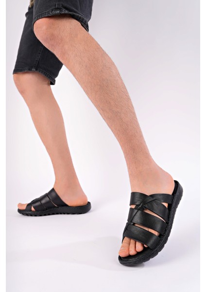 Erkek Hakiki Deri Siyah Comfort Taban Rahat Terlik modelleri