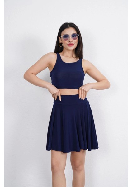 Fh Fashionhere Sendy Kumaş Bisiklet Yaka Crop Şortlu Etek Ikili Takım - Lacivert