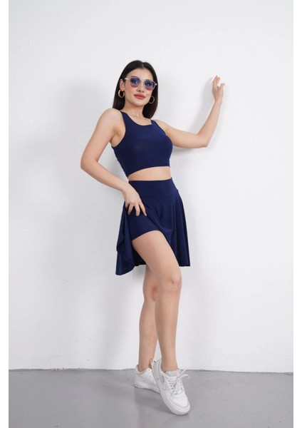 Fh Fashionhere Sendy Kumaş Bisiklet Yaka Crop Şortlu Etek Ikili Takım - Lacivert