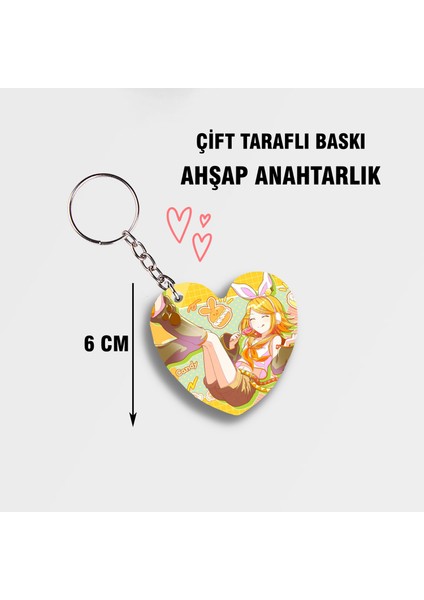 Project Sekai Hatsune Miku Kagamine Rin Kalp Ahşap Anahtarlık - Çift Taraflı Baskı - 6cm