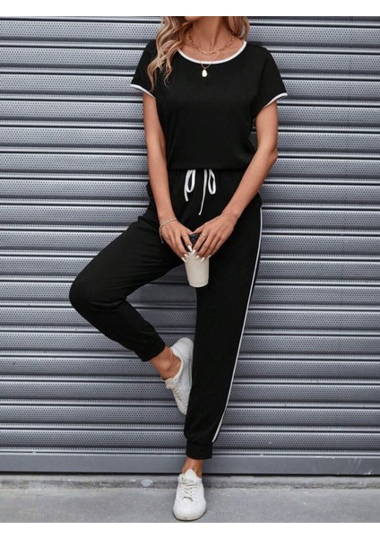 Fh Fashionhere Kadın Kısa Kollu Kayık Yaka Viskon Iki Iplik Bluz ve Bağcıklı Pantolon Ikili Takım