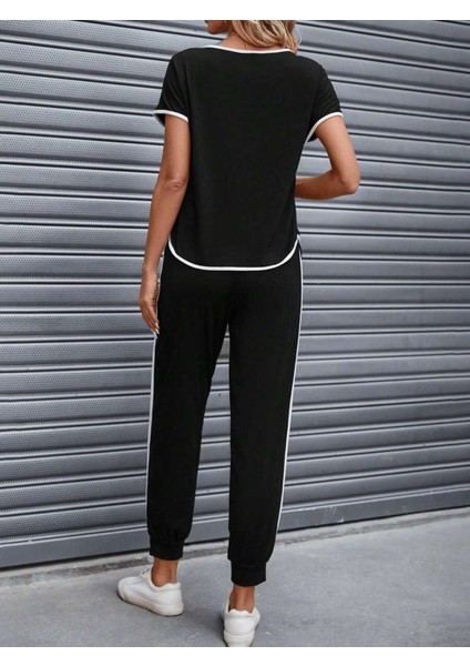 Fh Fashionhere Kadın Kısa Kollu Kayık Yaka Viskon Iki Iplik Bluz ve Bağcıklı Pantolon Ikili Takım indirimleri