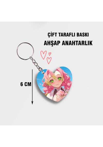 Demon Slayer Mitsuri Kanroji Kalp Ahşap Anahtarlık - Çift Taraflı Baskı - 6cm Iblis Keser