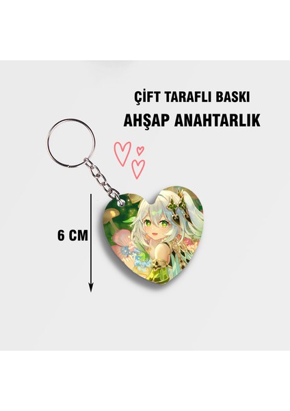 Genshin Nahida Kalp Ahşap Anahtarlık - Çift Taraflı - 5cm Anime Anahtarlık