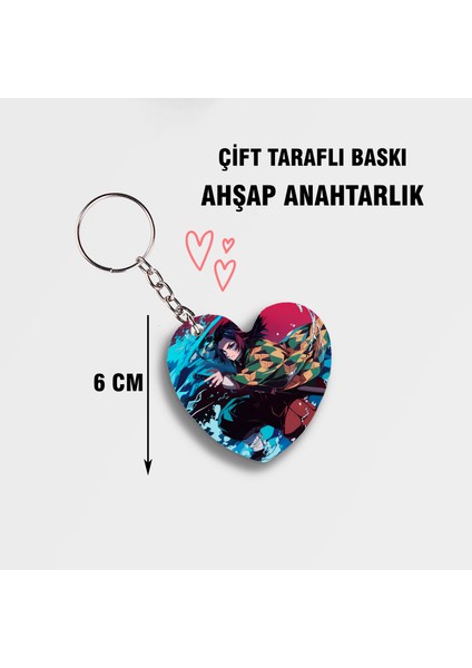 Demon Slayer Giyu Tomioka Kalp Ahşap Anahtarlık - Çift Taraflı Baskı - 6cm Iblis Keser