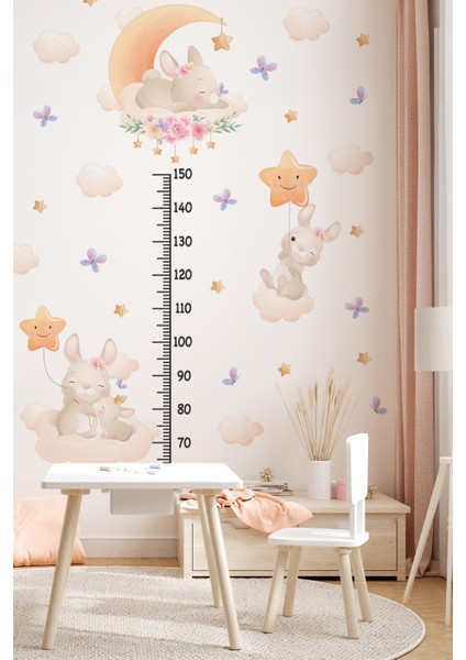 Sevimli Tavşanlar Yıldızlar ve Çiçekler Temalı Temalı Boy Ölçer Boy Cetveli Sticker Seti Çocuk modelleri