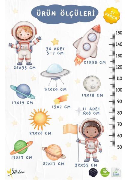 Astronotlar, Uzay ve Gezegenler Temalı Temalı Boy Ölçer Boy Cetveli Sticker Seti Çocuk fırsatları