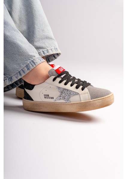 Hakiki Deri Yıldız ve Pul Detaylı Eskitmeli Krem Kadın Sneaker Kirli Detaylı Günlük Spor Ayakkabı