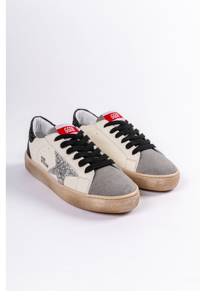 Hakiki Deri Yıldız ve Pul Detaylı Eskitmeli Krem Kadın Sneaker Kirli Detaylı Günlük Spor Ayakkabı