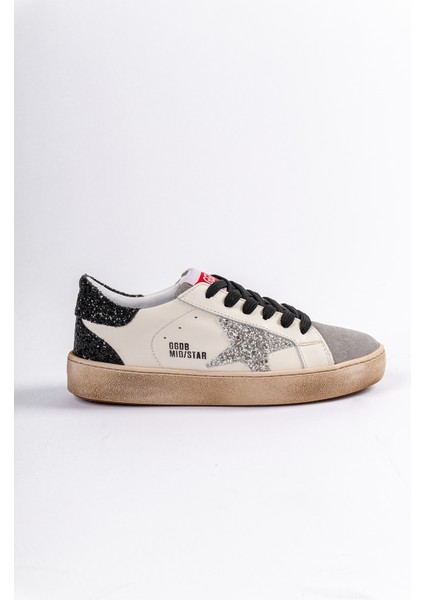 Hakiki Deri Yıldız ve Pul Detaylı Eskitmeli Krem Kadın Sneaker Kirli Detaylı Günlük Spor Ayakkabı