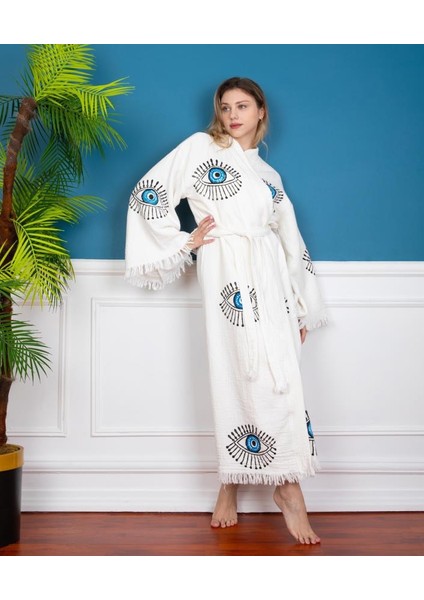 Göz Figür Desen Baskılı Müslin Kaftan Kimono Peştemal Bornoz (BOYU 120 CM)