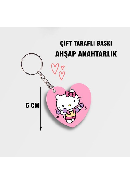 Sanrio Hello Kitty Spor Kalp Ahşap Anahtarlık - Çift Taraflı - 5cm Anime Anahtarlık