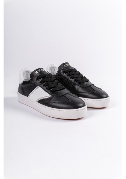 Hakiki Deri Kadın Sneaker Siyah ,bağcıklı Çizgi Detaylı Siyah Taban Günlük Spor Ayakkabı