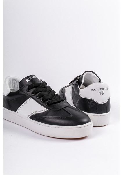 Hakiki Deri Kadın Sneaker Siyah ,bağcıklı Çizgi Detaylı Siyah Taban Günlük Spor Ayakkabı