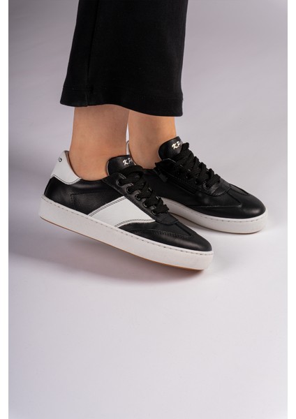 Hakiki Deri Kadın Sneaker Siyah ,bağcıklı Çizgi Detaylı Siyah Taban Günlük Spor Ayakkabı