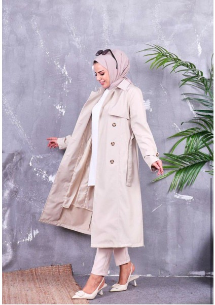 Kadın Trençkot Bej Ceket Yaka Modern Tasarım Standart Kalıp