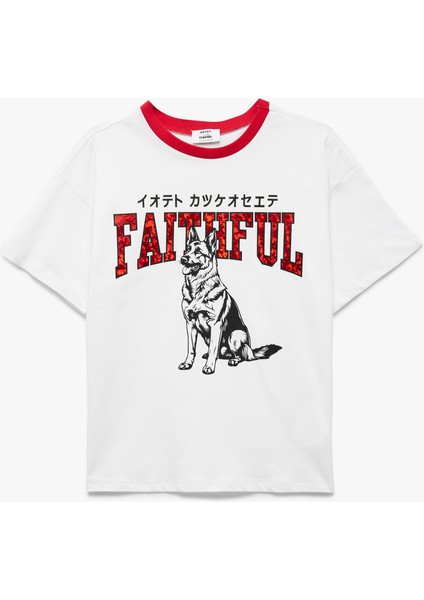 Kısa Kollu Bisiklet Yaka Pamuklu Köpek Baskılı Oversize Tişört