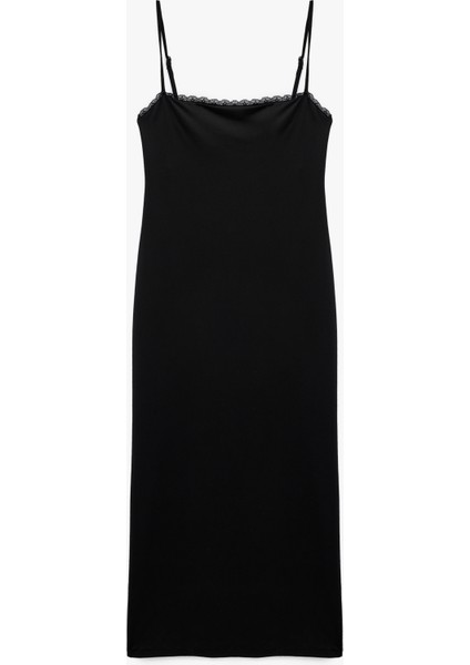 Slim Fit Dantel Detaylı Uzun Ince Askılı Penye Elbise