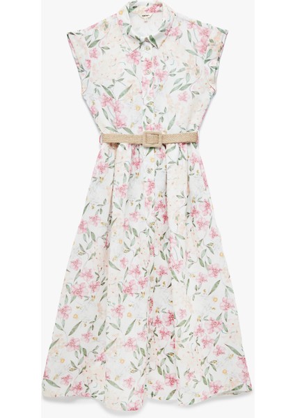 Düğmeli Kap Kollu Kemer Detaylı Midi Boy Çiçekli Gömlek Elbise