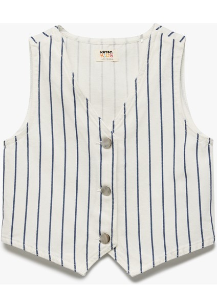 Pamuklu V Yaka Kolsuz Düğmeli Çizgili Denim Yelek