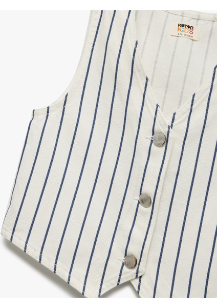 Pamuklu V Yaka Kolsuz Düğmeli Çizgili Denim Yelek