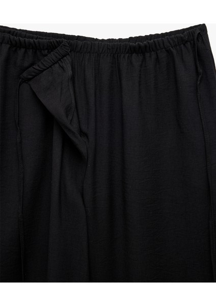 Viskon Kumaş Rahat Kalıp Yırtmaç Detaylı Beli Bağcıklı Kruvaze Oversize Pantolon