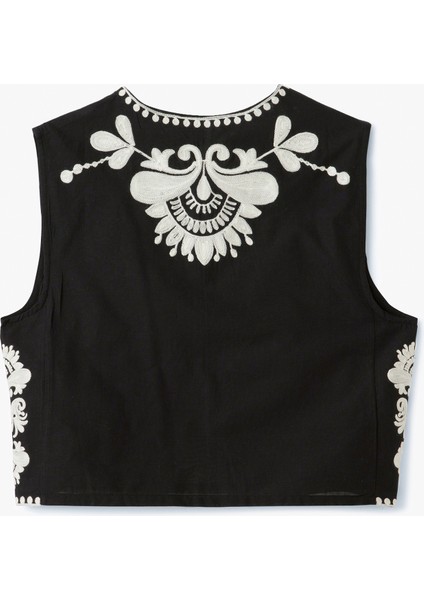 Aplike Nakışlı Bisiklet Yaka Kolsuz Crop Yelek fırsatları