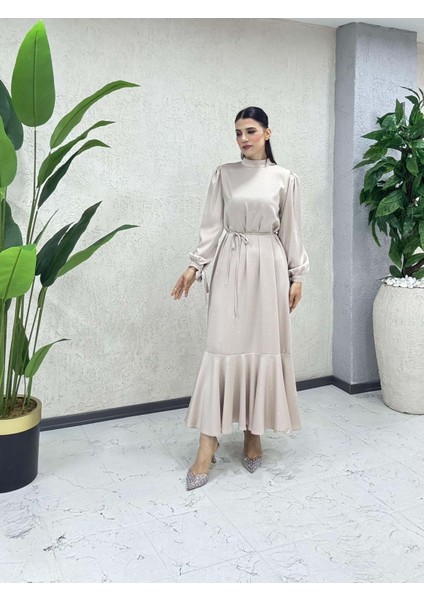 Saten Taşlı Elbise