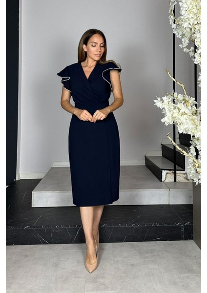 G1439 Kol Detaylı Kruvaze Yaka Abiye Elbise Lacivert