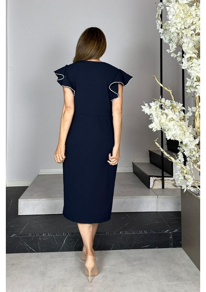 G1439 Kol Detaylı Kruvaze Yaka Abiye Elbise Lacivert fiyatları