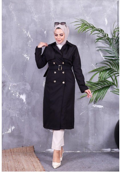 Kadın Trençkot Ceket Yaka Siyah Renk Standart Kalıp Modern Stil