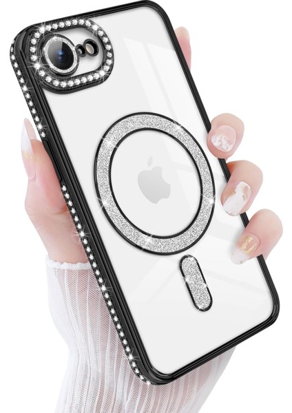 Apple iPhone 16E Kılıf Kamera ve Kenarları Taşlı Parıltılı Parlak Renkli Simli Kenarlı Magsafe Bayan Kapak