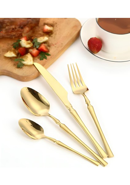 Paslanmaz Çelik 24 Parça 6 Kişilik Gold Yemek Kaşık Çatal Bıçak Set CIN738SR