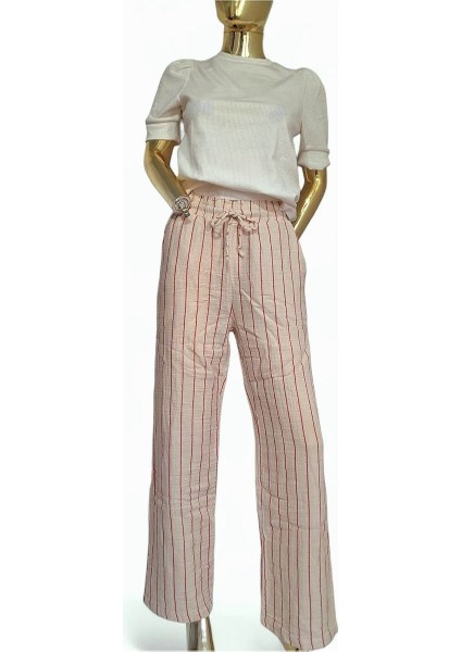 Orijinal Müslin %100 Pamuk Çizgili Pudra Rengi Geniş Kalıp Beli Lastikli Pantolon