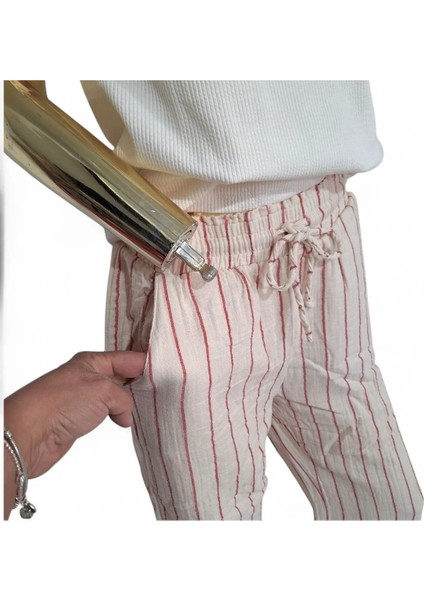 Orijinal Müslin %100 Pamuk Çizgili Pudra Rengi Geniş Kalıp Beli Lastikli Pantolon fiyatları