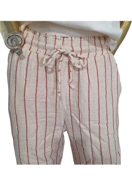 Orijinal Müslin %100 Pamuk Çizgili Pudra Rengi Geniş Kalıp Beli Lastikli Pantolon modelleri
