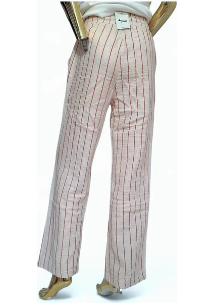 Orijinal Müslin %100 Pamuk Çizgili Pudra Rengi Geniş Kalıp Beli Lastikli Pantolon fırsatları