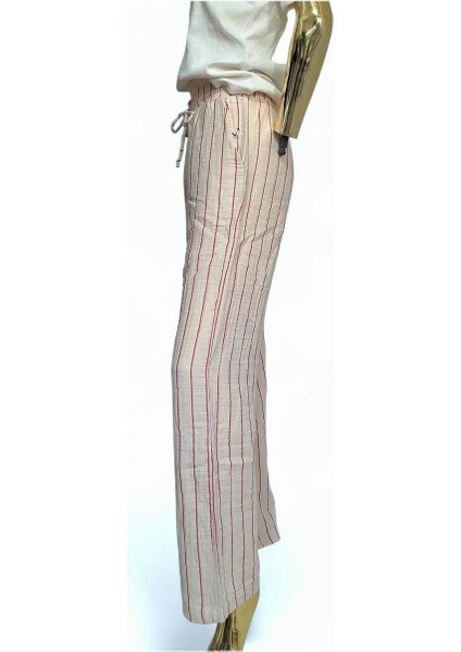 Orijinal Müslin %100 Pamuk Çizgili Pudra Rengi Geniş Kalıp Beli Lastikli Pantolon