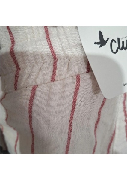 Orijinal Müslin %100 Pamuk Çizgili Pudra Rengi Geniş Kalıp Beli Lastikli Pantolon