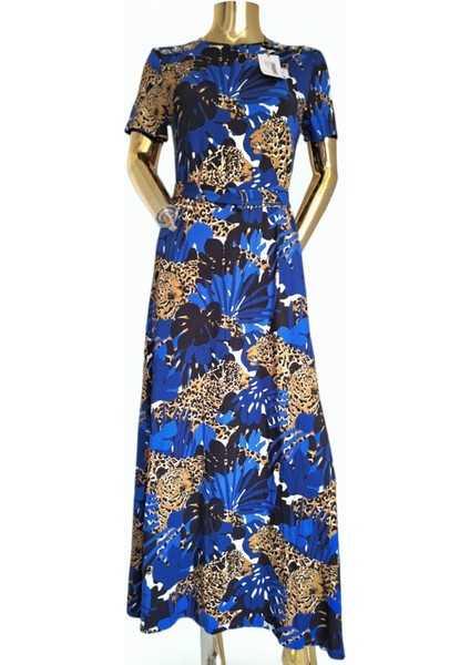 #karen Millen Viskon Leopar Animal Baskılı Mavi Siyah Kahve #esnek #mavi #elbise