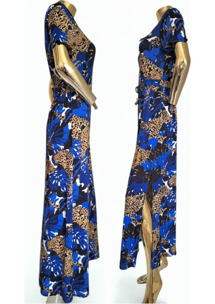#karen Millen Viskon Leopar Animal Baskılı Mavi Siyah Kahve #esnek #mavi #elbise