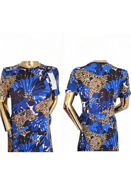 #karen Millen Viskon Leopar Animal Baskılı Mavi Siyah Kahve #esnek #mavi #elbise