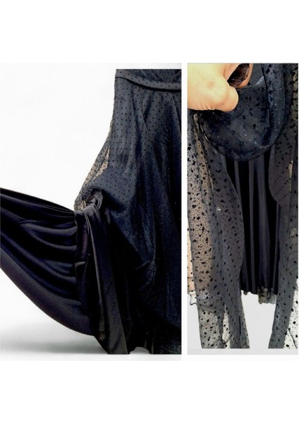 Xs -S A Kesim 3 Katlı Kloş Etekli Tül Kat Saten Katmanlı Kalın Askılı Pelerin Kısa Kollu Siyah Abiye